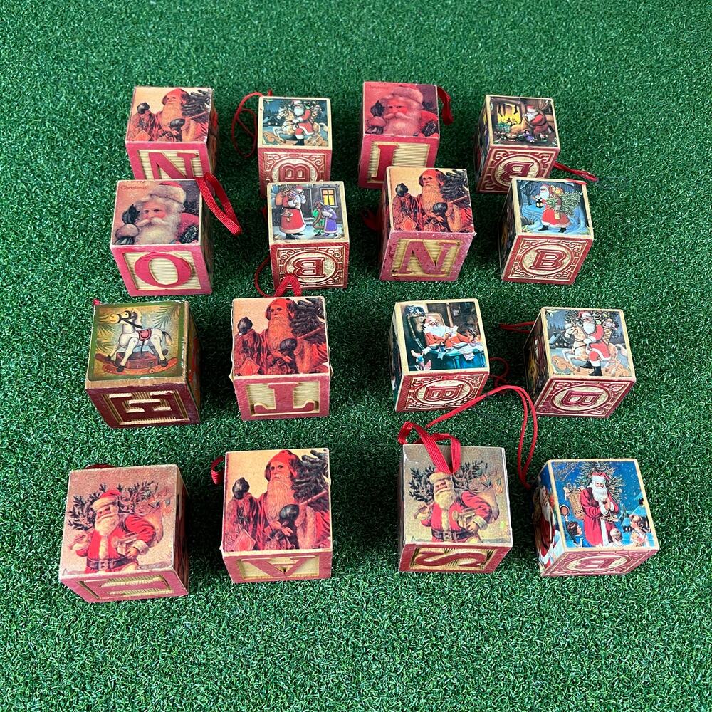 Set of 16 Vintage Wooden Alphabet and Santa Claus Christmas Block Ornaments